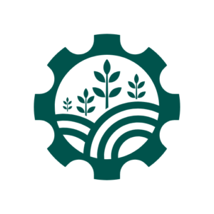 Icon mit Zahnrad, Feldern und Pflanzen als Symbol für Entsorgungslösungen für Kommunen und Bauhöfe