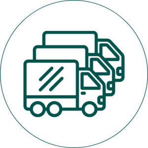 Icon mit drei Lastwagen als Symbol für eigene Logistik und den Transport von Grünabfall, Kompost und Erden