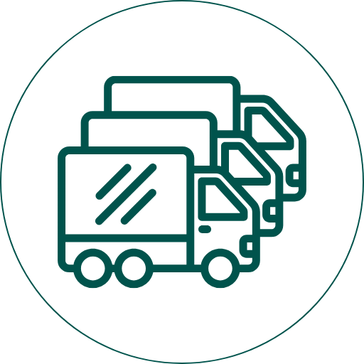 Icon mit drei Lastwagen als Symbol für eigene Logistik und den Transport von Grünabfall, Kompost und Erden