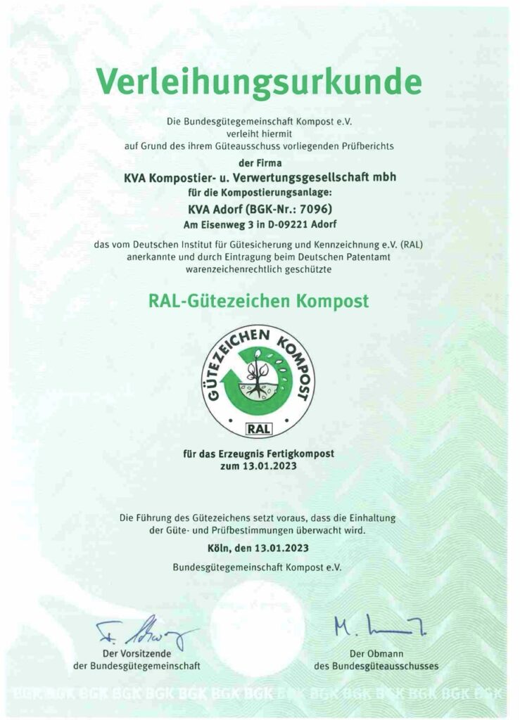 Verleihungsurkunde des RAL-Gütezeichens Kompost für das Erzeugnis Fertigkompost der KVA Adorf vom 13.01.2023